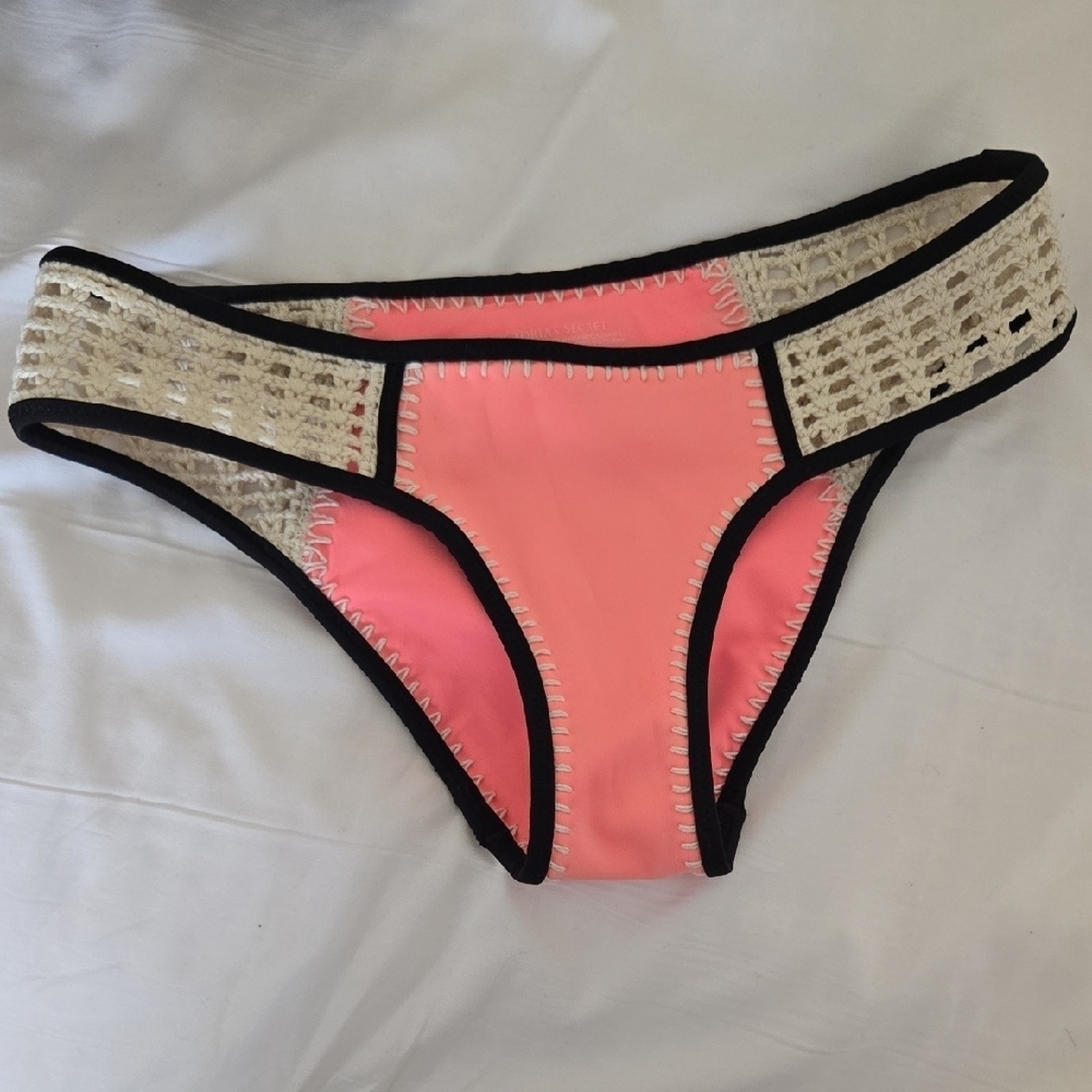Victoria's Secret Salmon Pink Bikini Bottom with Crochet And Black Trim Bohemian